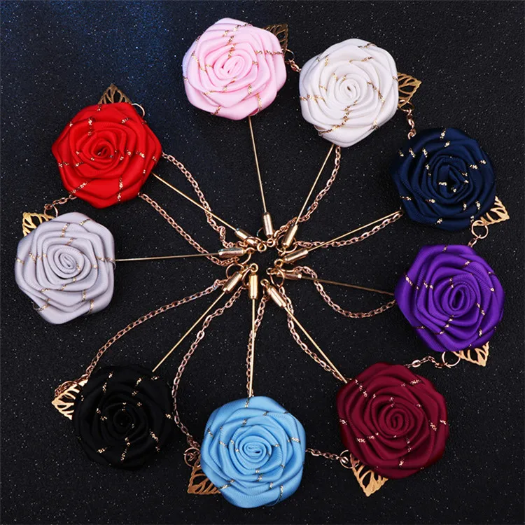 Flower Lapel Pins with Gold Leaf Brooch.Rose Floral Lapel Stick Handmade Boutonniere Pins for Suit,Lapel Pin Wedding Brooch
