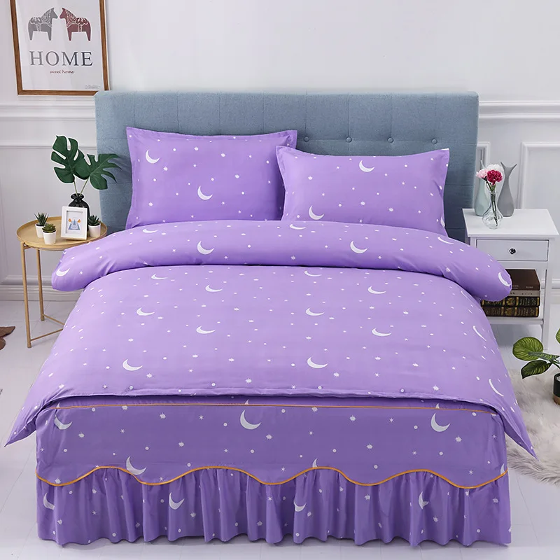 New Nordic princess style printed flower bed skirt polyester four piece set with curved edge bed cover and duvet cover