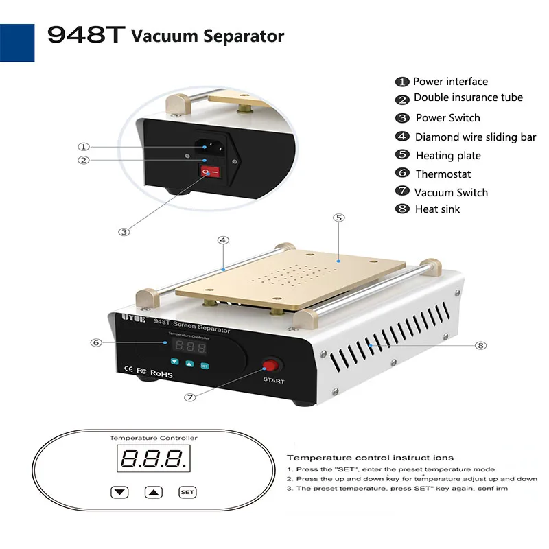 UYUE 948T Split Screen Disassemble Separator Built-in Vacuum Pump Screen Heating Platform For 8 Inch Phone Repair Tool Machine