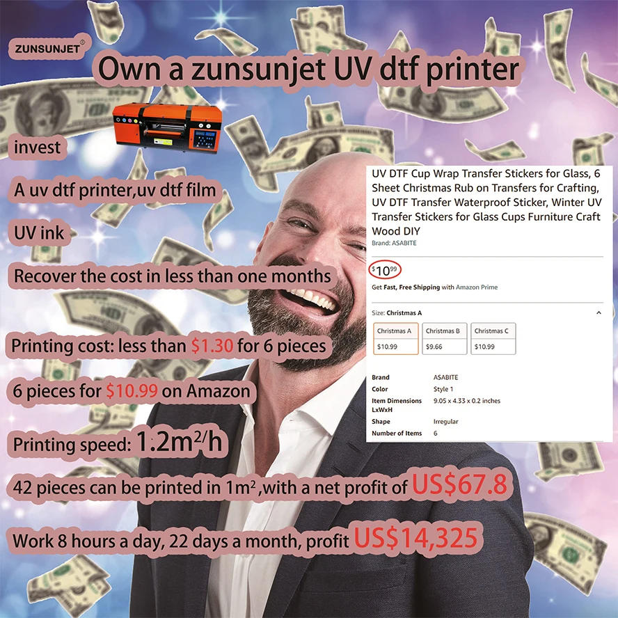 ZUNSUNJET цифровой Самый дешевый uvdtf uv dtf принтер оптом печатная машина A3 Uv Dtf с 3Pc Xp600 печатающая головка
