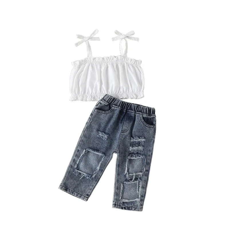 kids outdoor casual clothes suits summer jean shirt with pant sets girls teenager jacket with trouser sets