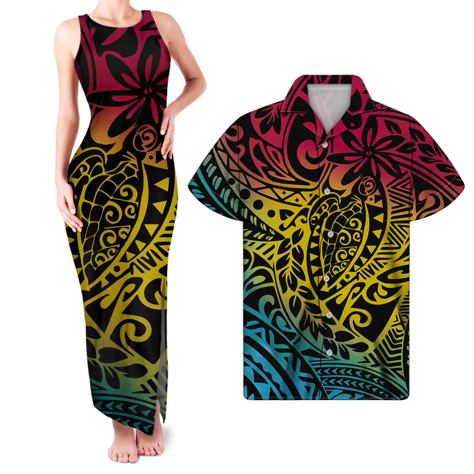 Custom Sleeveless Maxi Women Long Cocktail Dresses Match 5xl Men Shirt Polynesian Couple Set