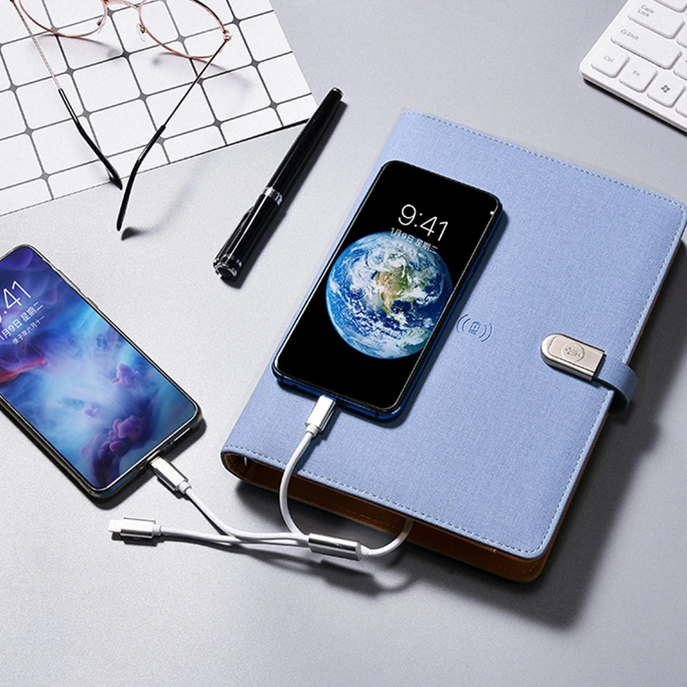 Shenzhen Custom Logo Loose Leaf Diary,8000mah 16g USB A5 Leather Multifunctional Power Bank With Wireless Charging Notebook