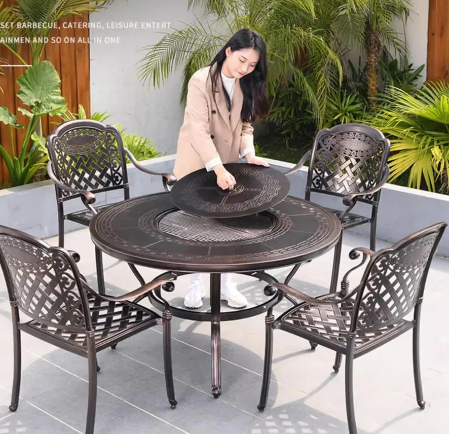 Round Wood Burning Garden Cast Aluminum Wrought Iron Furniture Outdoor Korean BBQ Grill Table and Chair Sets