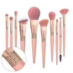 Diamond 10pcs Barrel Human Hair Pink Eco Friendly Natural Crystal Rhinestone Bling Glitter Pink Private Label Makeup Brushes