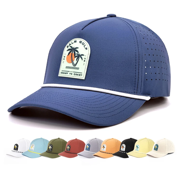 High Quality 5 Panel Waterproof Performance Rope Hat Laser Cut Perforated Golf Hats Sport Baseball Cap With Custom Logo