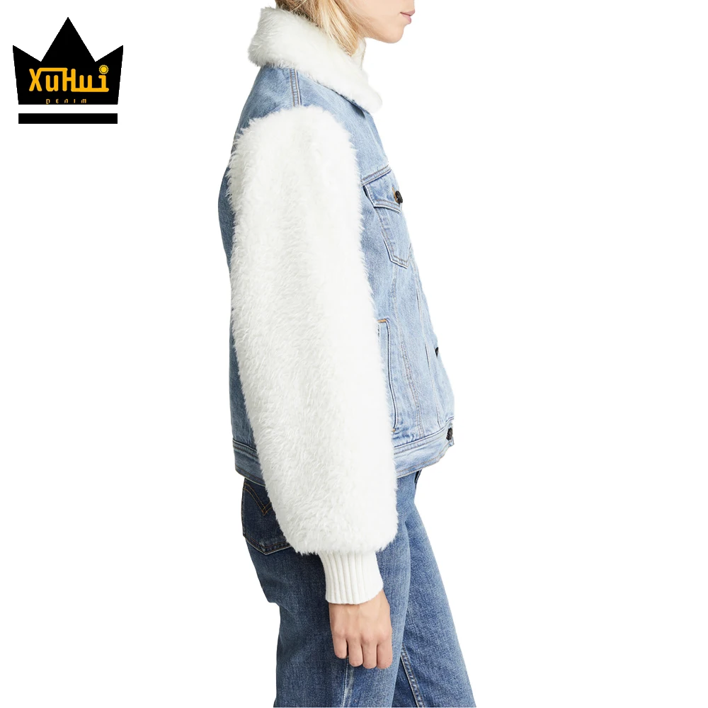 Ttop grade borg fur sleeves women jean jacket with fleece collar