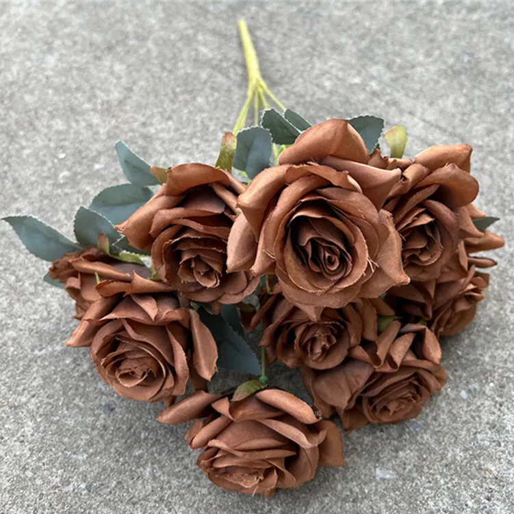 IFG Wholesale 9 Head Burnt Orange Autumnal Artificial Flower Roses Bouquet for Wedding Home Party Decoration