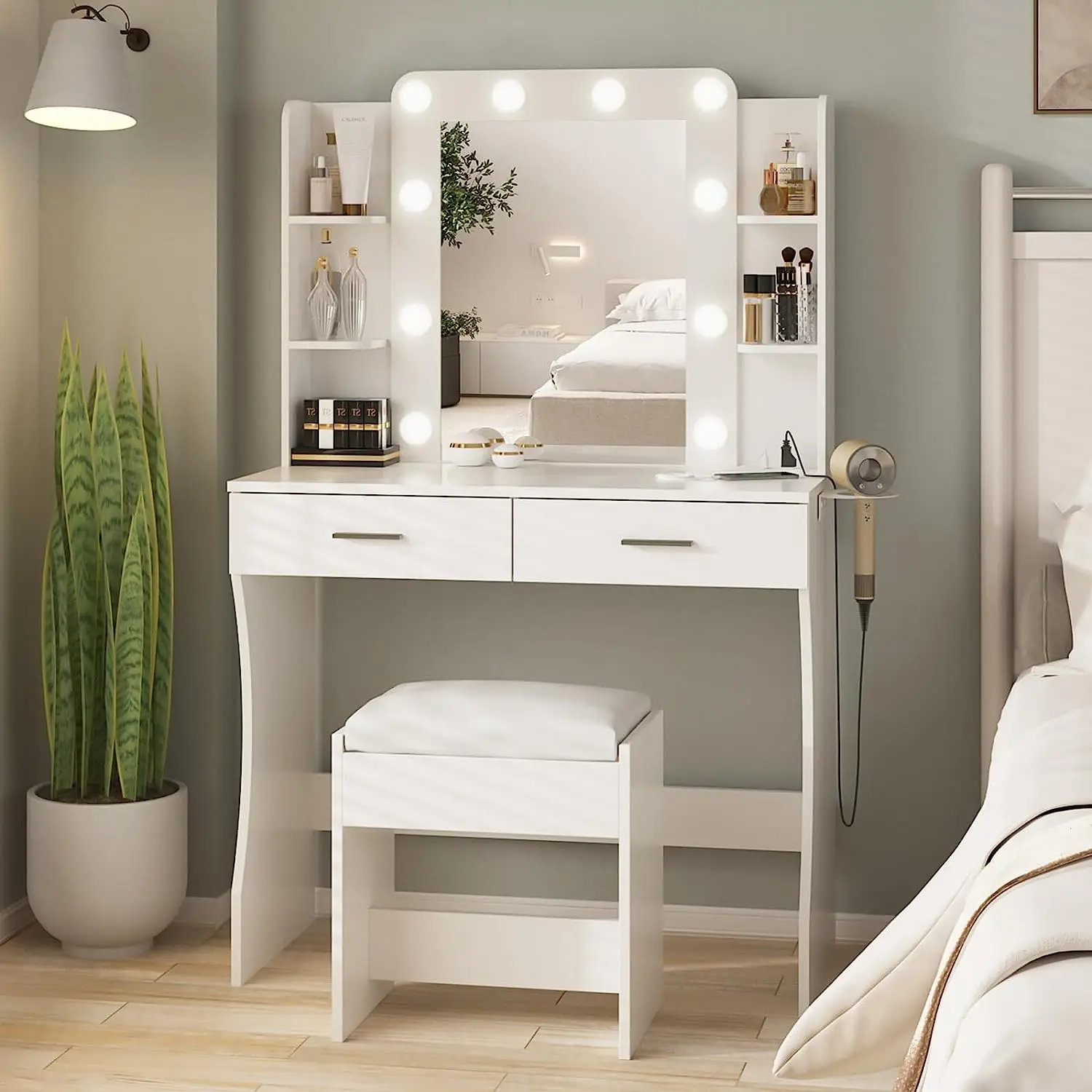 White Drawer Bulb Stool Vanity Rotate Bedroom Furniture Dresser Custom Dressing Table Mirror Makeup With Led Lamp And Chair