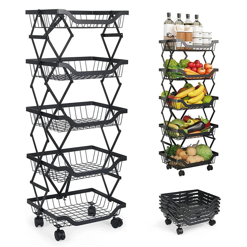 Collapsible Metal Wire Storage Pantry Baskets with Wheels, Fruit Vegetable Basket Storage Cart, Rolling Utility Cart for Kitchen