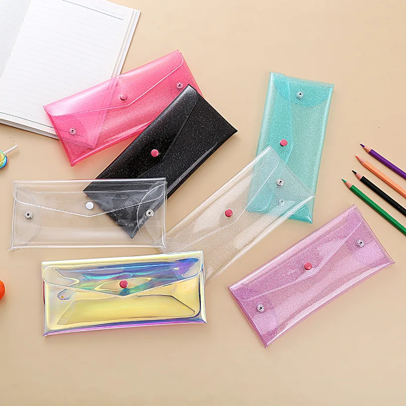 Custom Hologram Laser PVC Pencil Bags For Girls Pencil Case With Button Snap