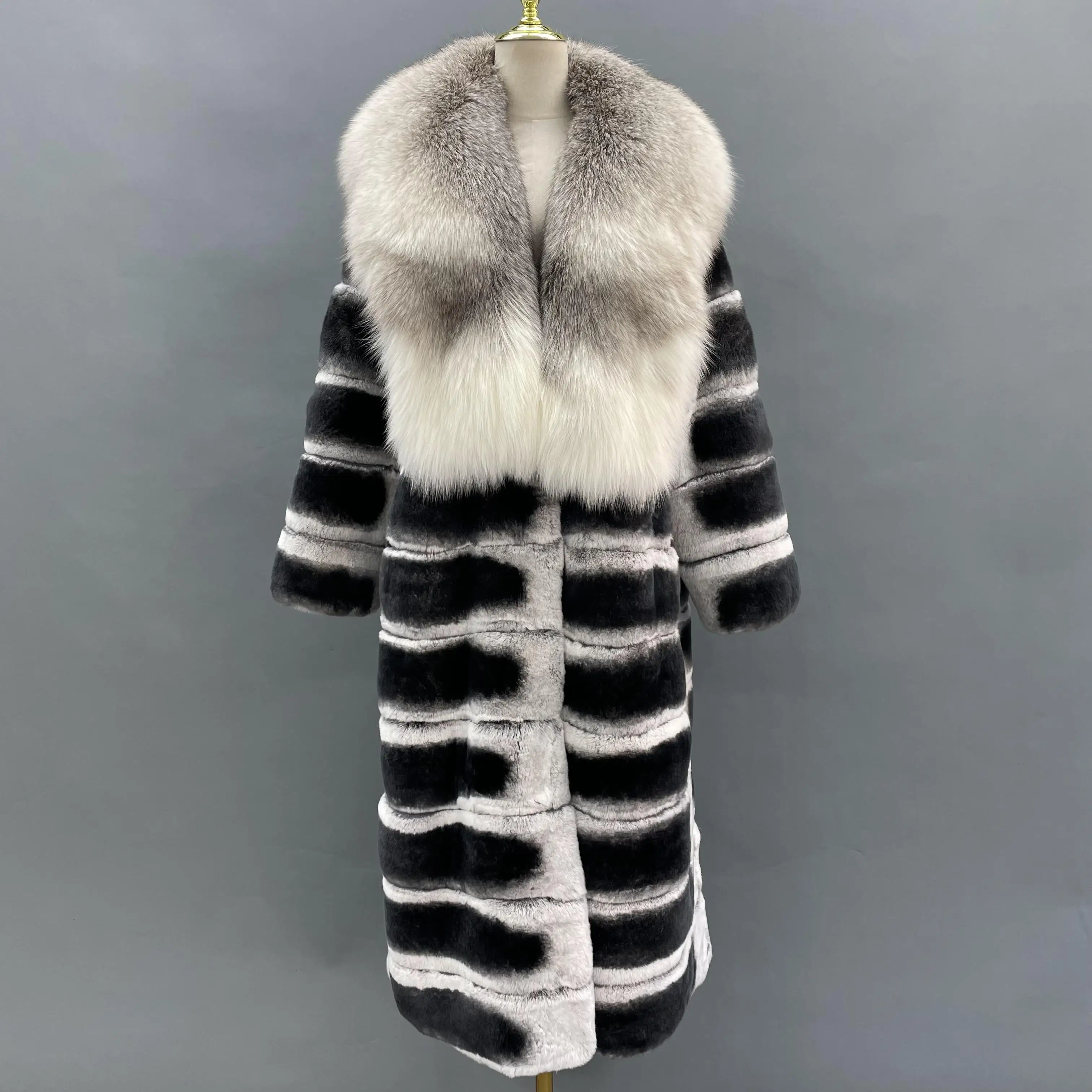 Janefur Fur Coat Big Fur Collar Winter Men Dyed Chinchilla Rabbit Fur Coat