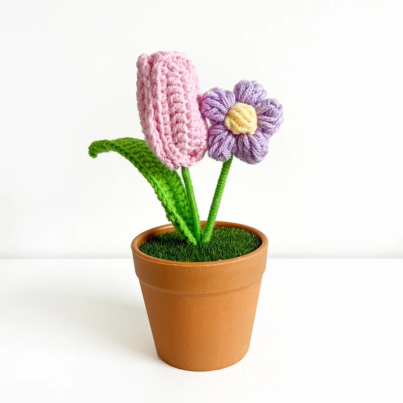 Hand-Knitted Sunflower, Tulip, Rose, Delicate Small Artificial Crochet Flower Knitted Flower Pot For Girl Gift Girl Room Decor
