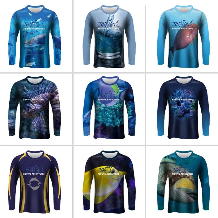 
custom sublimated navy blue short sleeve mens womens hooded upf polyester sun marlin fishing shirt 