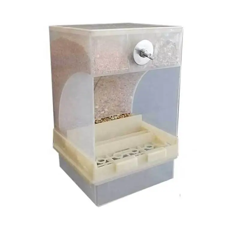 Qbellpet New Arrivals Plastic Acrylic Hanging Seed Cage Budgies Birds Food Automatic Parrot Feeder Macaw With Stand Accessories