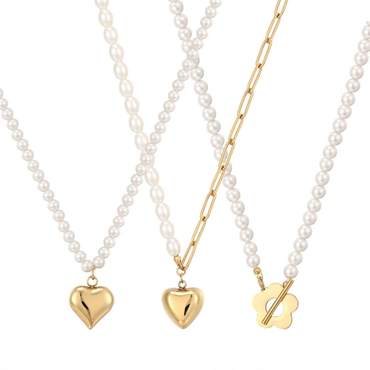 Fashionable ot clasp 18k gold plated flower stainless steel pearl necklace