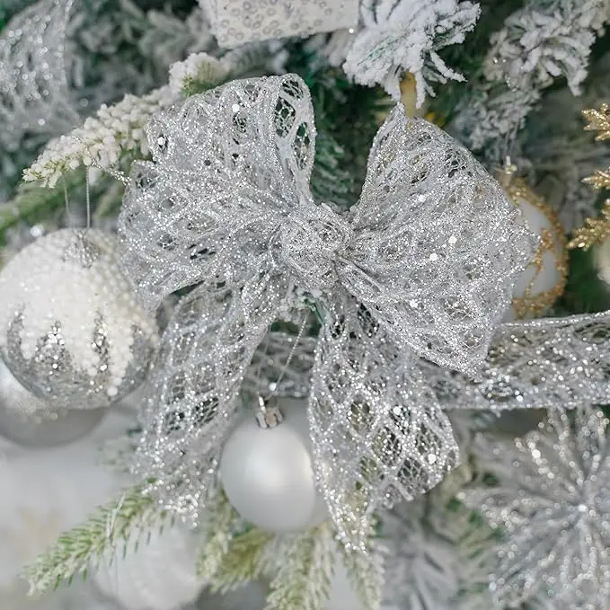 63MM Silver Wired Ribbon Glitter Diamond Wire Edge Ribbon Silver Christmas Ribbon for Holiday Tree Bows Making Wreath Decor