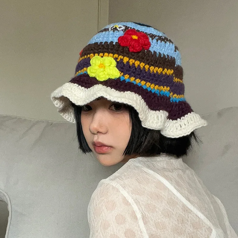 2023 Vintage hollow niche crochet hand 3-dimensional flower contrast plaid flower knitted fisherman hat