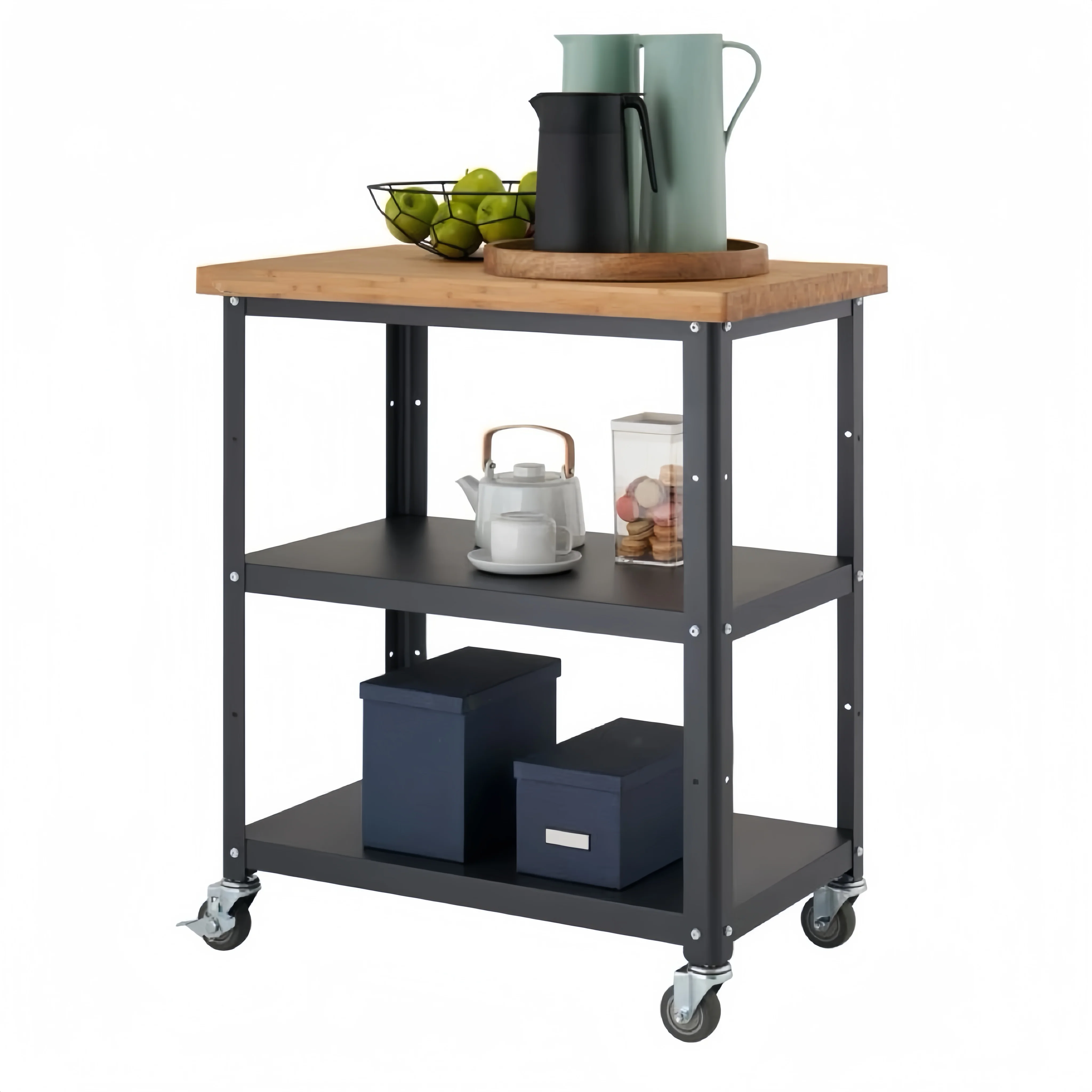 Modern design kitchen trolley made of bamboo and solid wood, multifunctional trolley with stainless steel wheel bearings