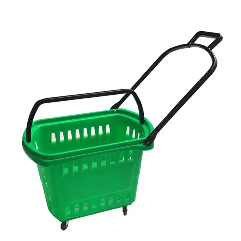 Hot Products Cheap Supermarket Pull Handle Plastic Shopping Basket With Wheels