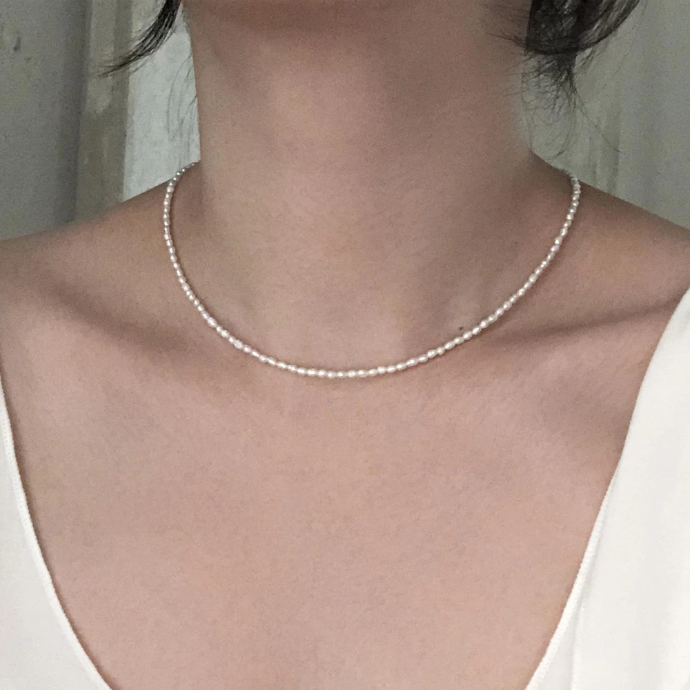 Dainty Tiny Rice Baroque Freshwater Pearl Choker Necklace Pearl Beaded Necklaces Vintage Jewelry for Women