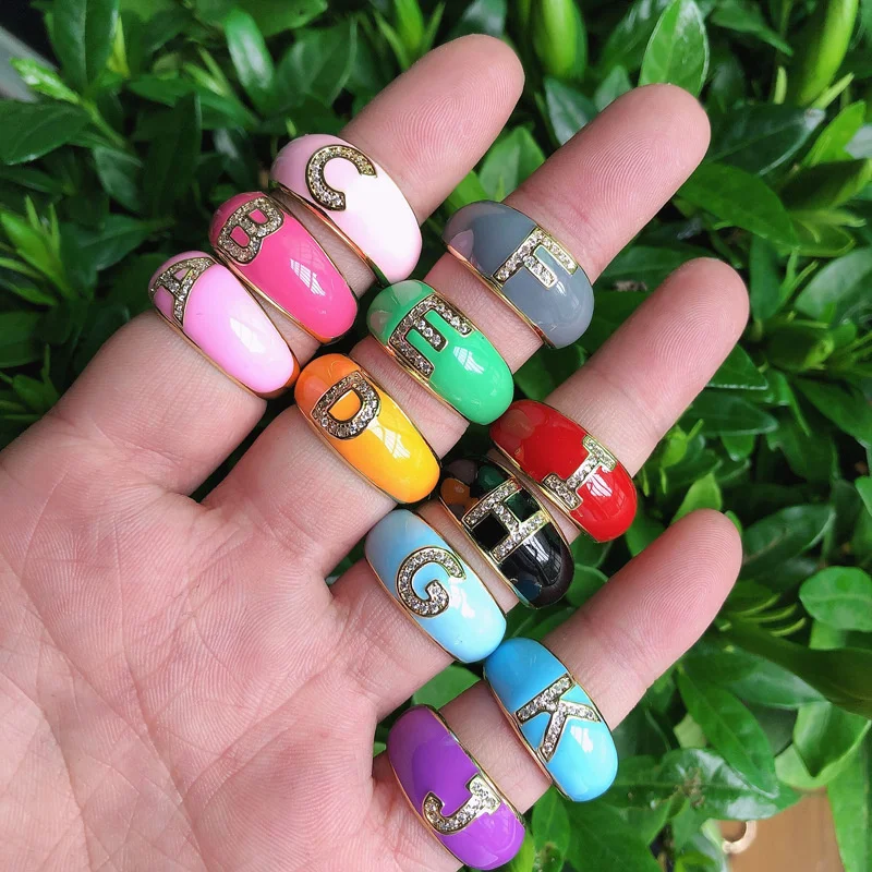 Personality 26 English Letter Enamel Finger Rings Adjustable Colorful Opening Men Fesale Diamond Zircon Ring