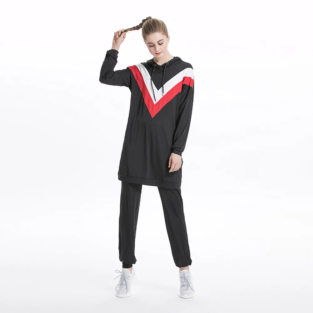 2024 New Wholesale Factory Supplier Arab Islamic Running Muslim Athletic Casual Colorblock Hooded Sweatshirt Set