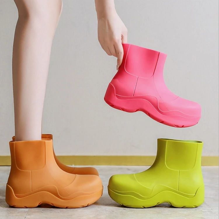 New Solid Color Round Toe Shoes Thick Soled Short Rain Boo Women Ladies Rain Boots