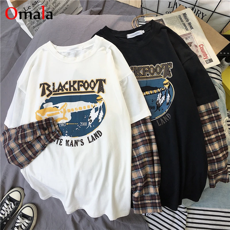 Korean Oversized Long Sleeve T-shirt Tees Fashion Women Plaid Patchwork Leisure T Shirt White Black Top Shirts