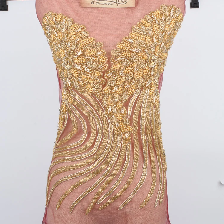 
Bodice Applique Golden Colour Bead Lace Handmade Gold Embroidery Bead Lace Fabric 