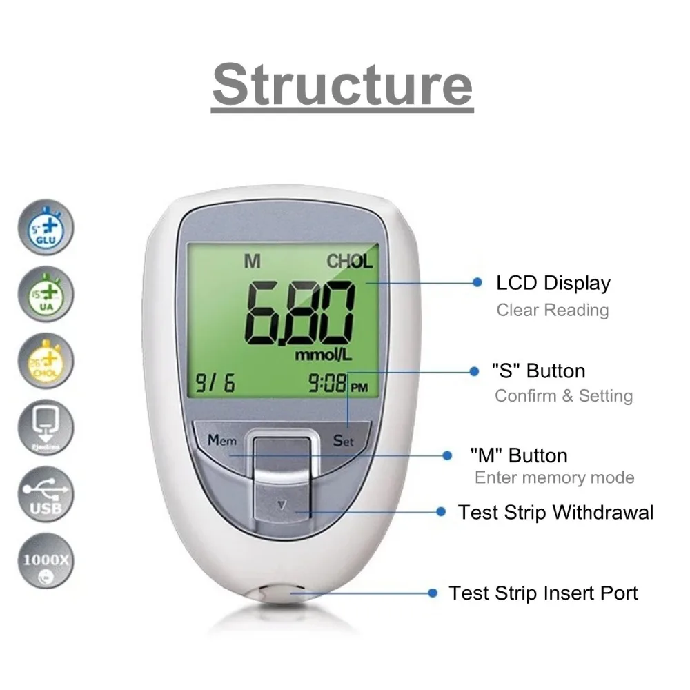 3 in 1 blood glucose meter measuring blood sugar and measuring uric acid Cholesterol measurement
