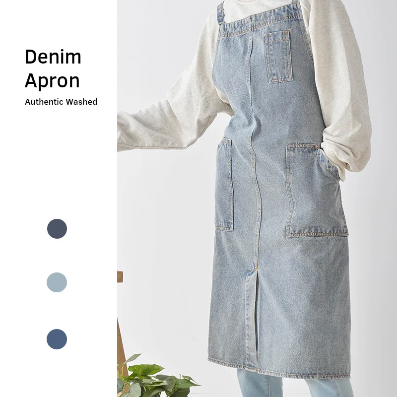 Cotton canvas thickened washed denim apron anti fouling household kitchen work uniform bib apron