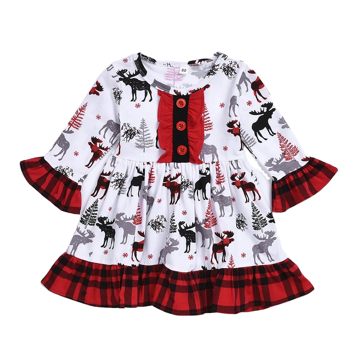Hot sale red white stiped long sleeve ruffle bonnie Christmas baby girl dress
