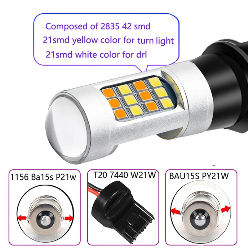T20 42smd Dual Color Turn Signal Led Smd 2835 Reversing Light 10w Drl White + Yellow 1156 Led 7440 3156 Led Bulb