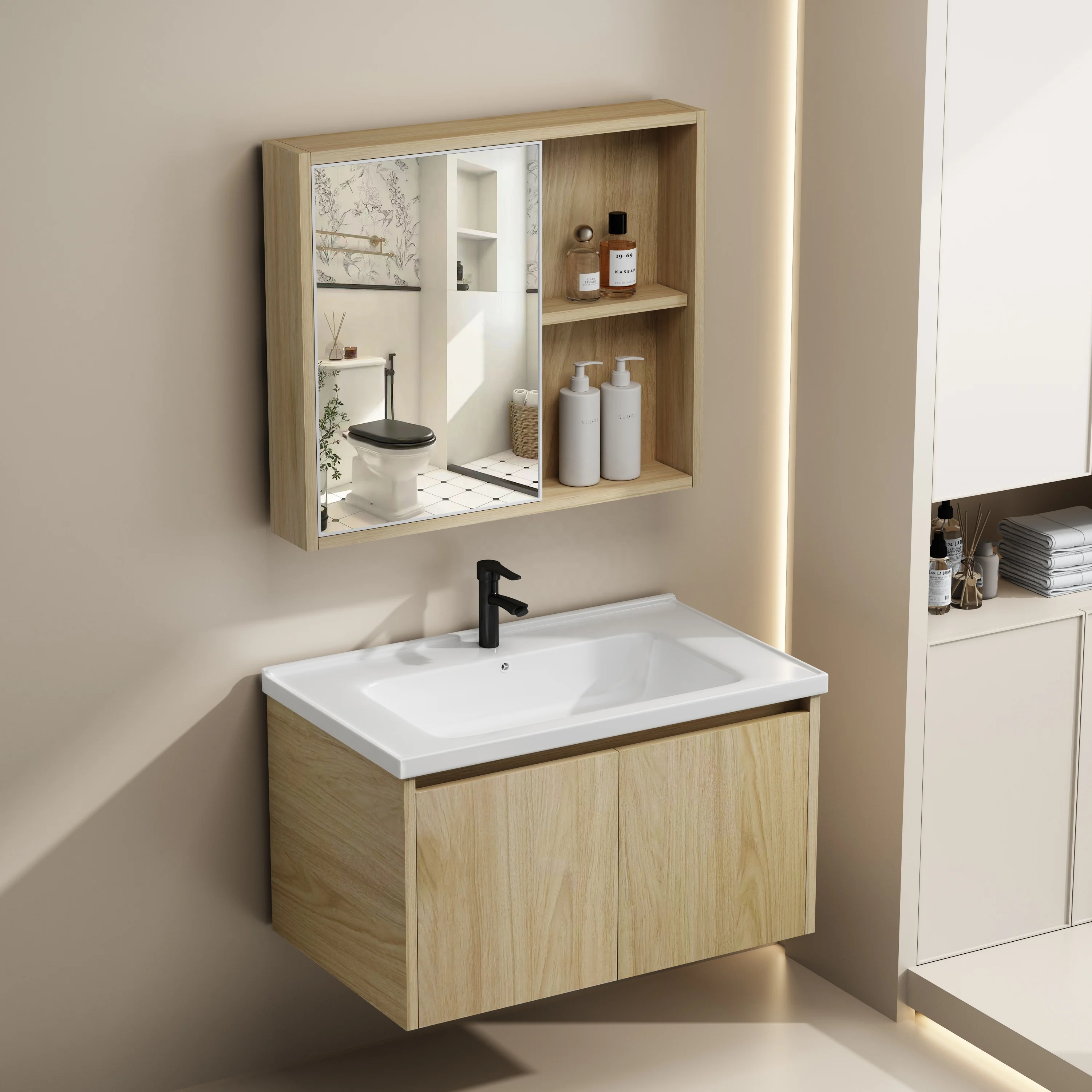 Factory Price Modern Bathroom Wall Cabinet Vanity Double Door Storage Cabinet Wash Basin with Mirror