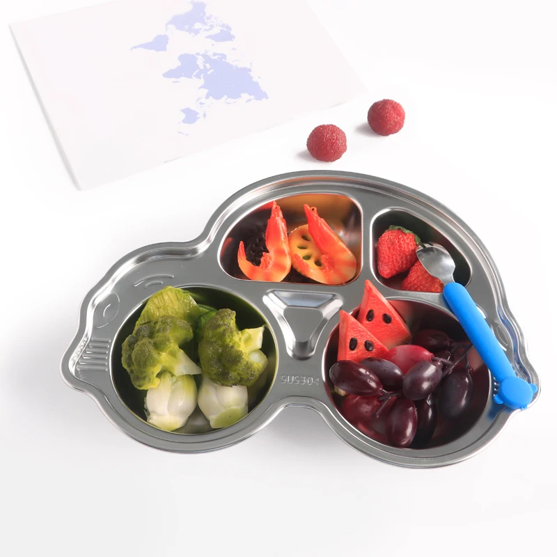 Новый продукт, поднос из нержавеющей стали в форме мультяшного автомобиля с 4 отделениями, поднос для фаст-фуда, школьная столовая детская тарелка