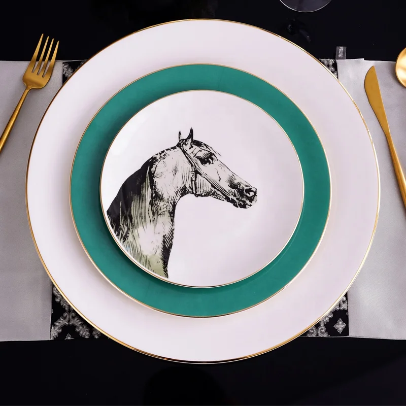 Custom printing ceramic assiette plates porcelain wedding dish gold