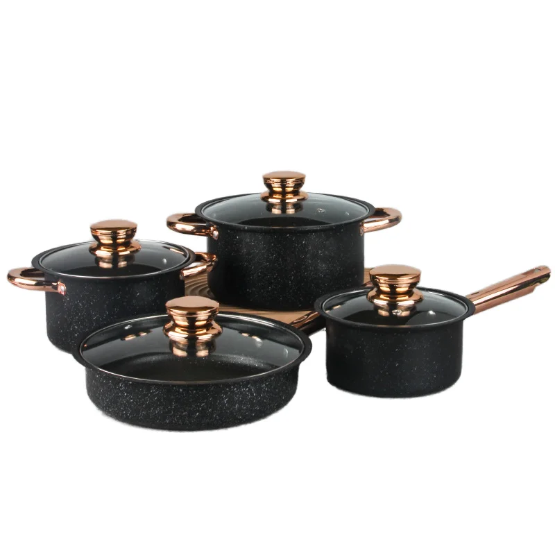Высокое качество 8 шт. черный железный антипригарный набор посуды в американском стиле кухонные принадлежности с медицинским каменным покрытием кастрюли и сковородки