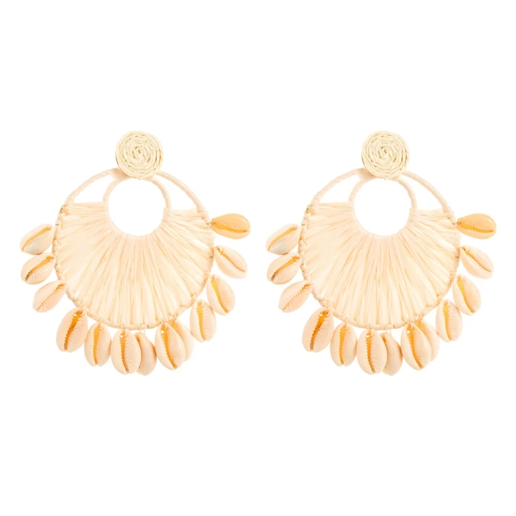 XD-17 Beach Women Ear Jewelry Trendy Wholesale Woven Braided Raffia Natural Shell Stud Earrings For Girls