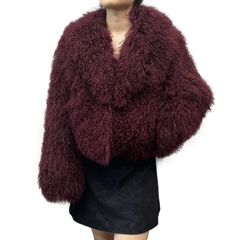 Wholesale Winter Luxury Lamb Fur Jacket Crop Real Mongolian Fur Coats for Women