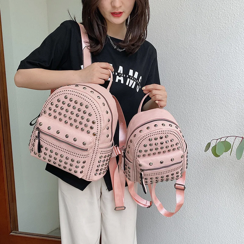 2022 Hot Sale Fashion Pu Leather Mini Travel Bag Ladies Pink Leather Rivet Backpack For Student
