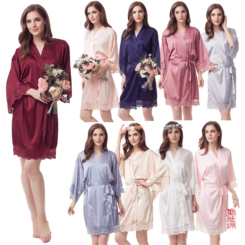 Lace trim solid colors high quality women sleepwear satin bridesmaid robe