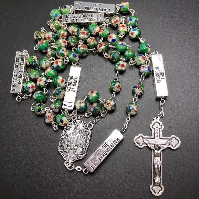 8mm green cloisonne beads catholic rosary necklace with five mysteries antique silver plating fatima center and jesus cross