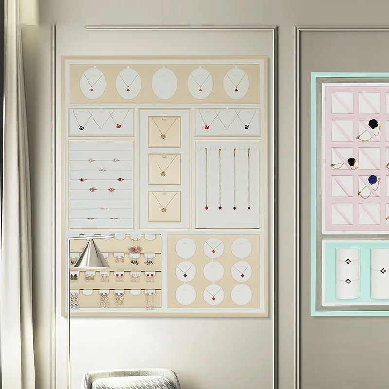 Modern leather jewelry store window accessory display design hanging wall jewelry organizer earring necklace set display prop