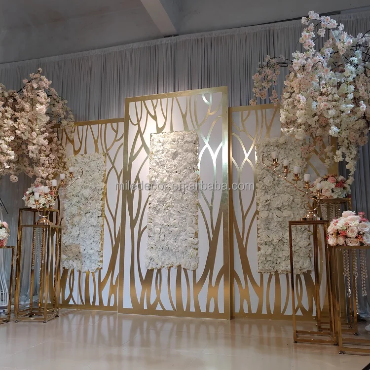 Wedding Supplies Luxury Golden Flower Backdrop For Wedding Event Decoration Acrylic Stage Backdrop