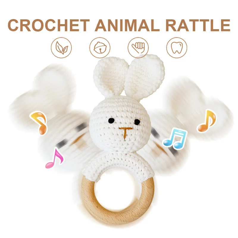 Handcrafted Crochet Rabbit Rattle: Adorable Wooden Toy for Babies 0-3 Years, Soft Cotton Material