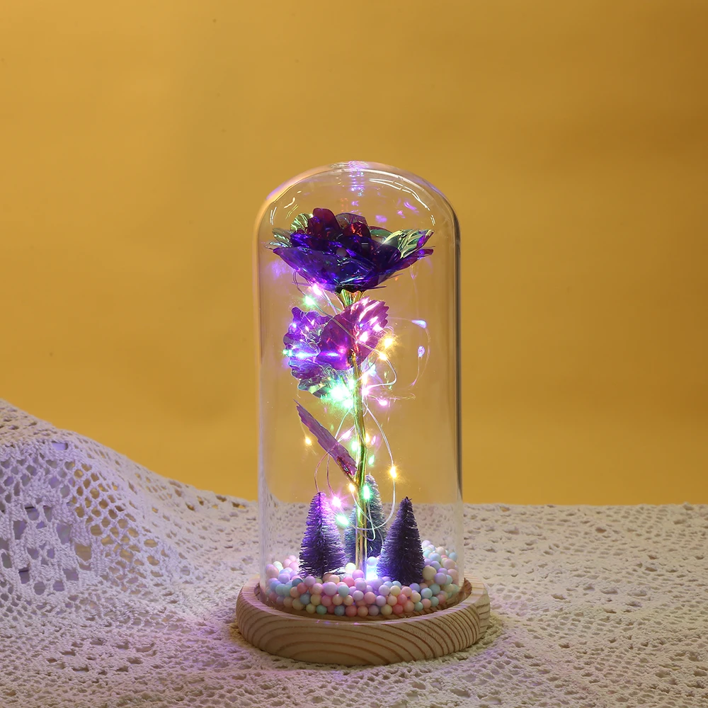 Factory Supply Attractive Price Artificial Flowers Led Lights Galaxy Rose in Glass Dome