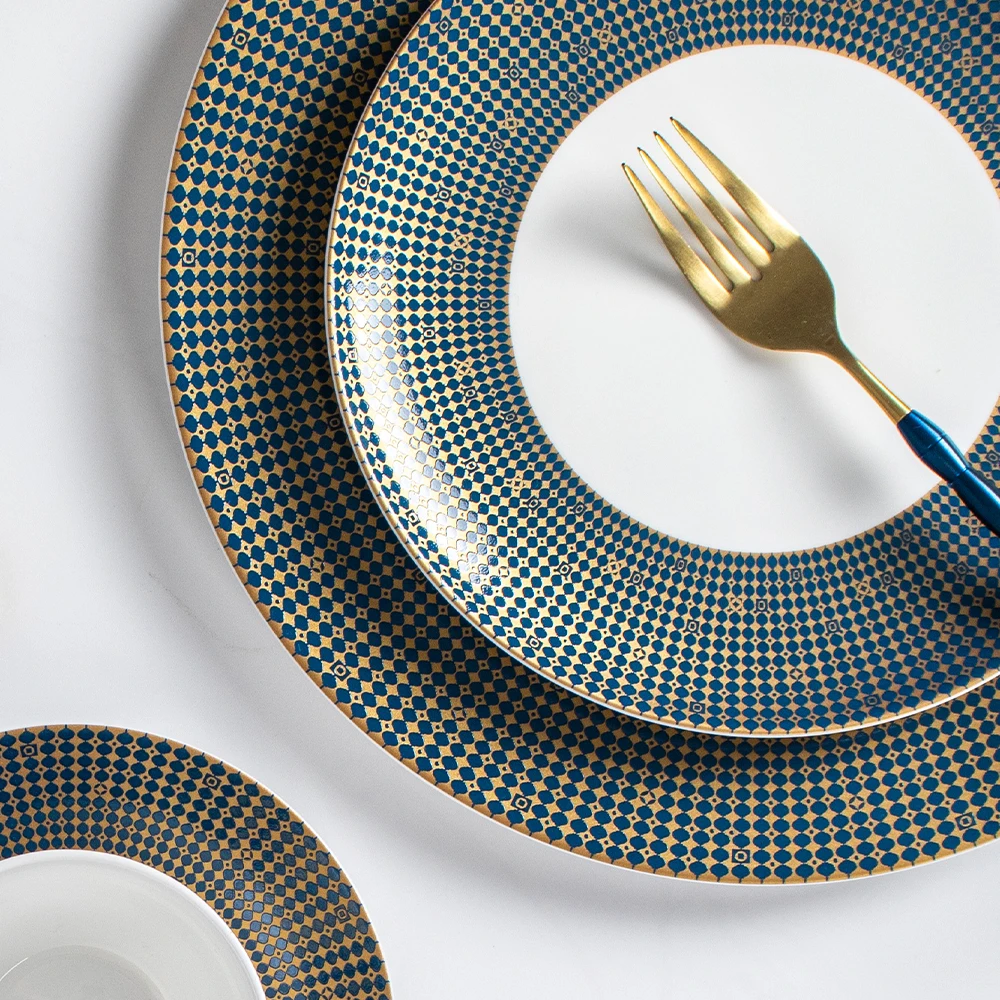 Luxury Bone China Ceramic Glaze Plate For Wedding Dishes Restaurant Blue With Gold Round Dishes & Plates Hotel  Charger Platter