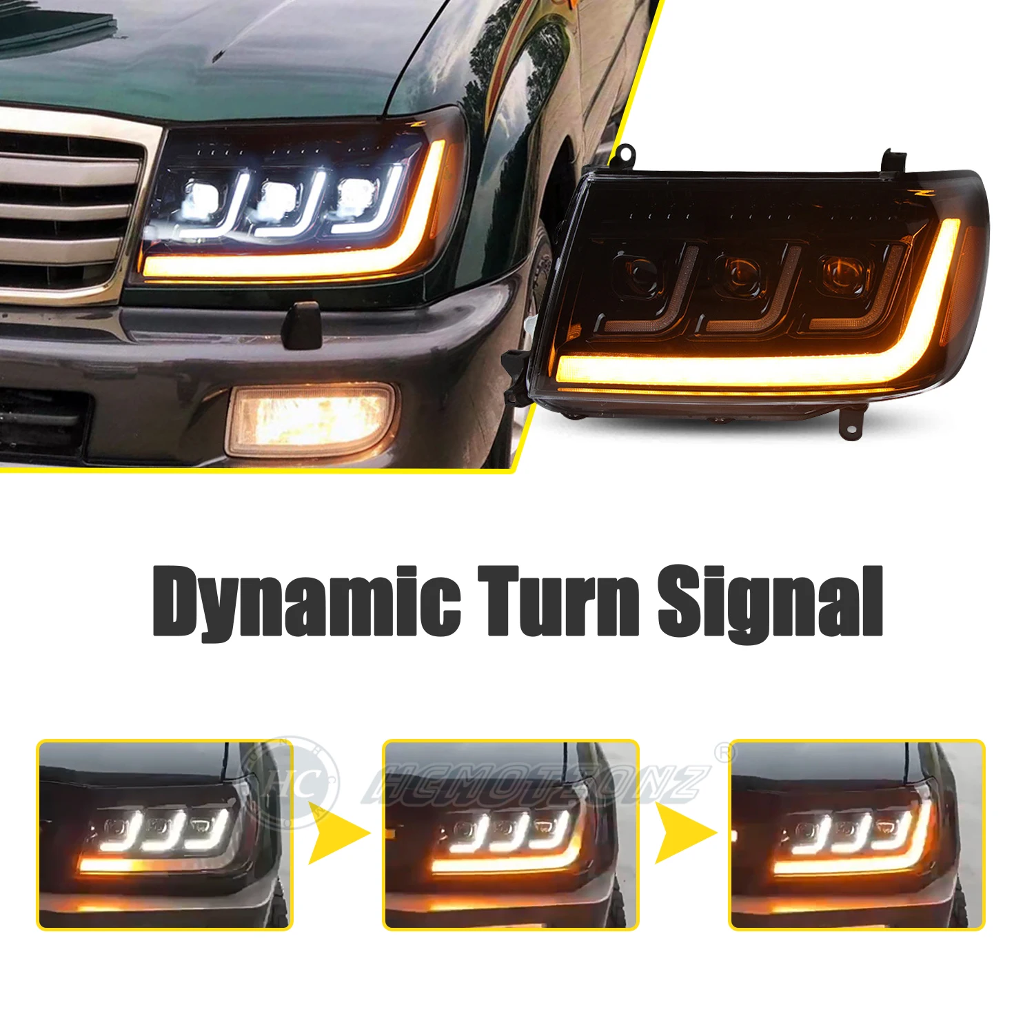 HCMOTIONZ LED Car Front Lamps Assembly 1998-2007 DRL Start up Animation Headlights For Toyota Land Cruiser (J100)
