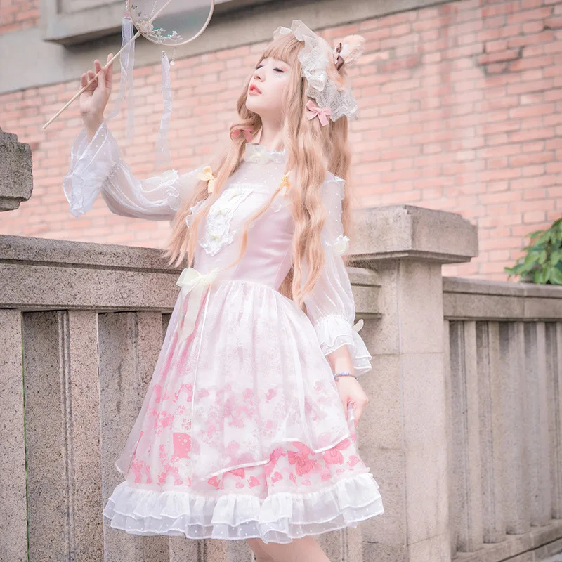 
Sweet Summer Lace Ruffle Sleeve Pink Princess Party Lolita Style Dresses 